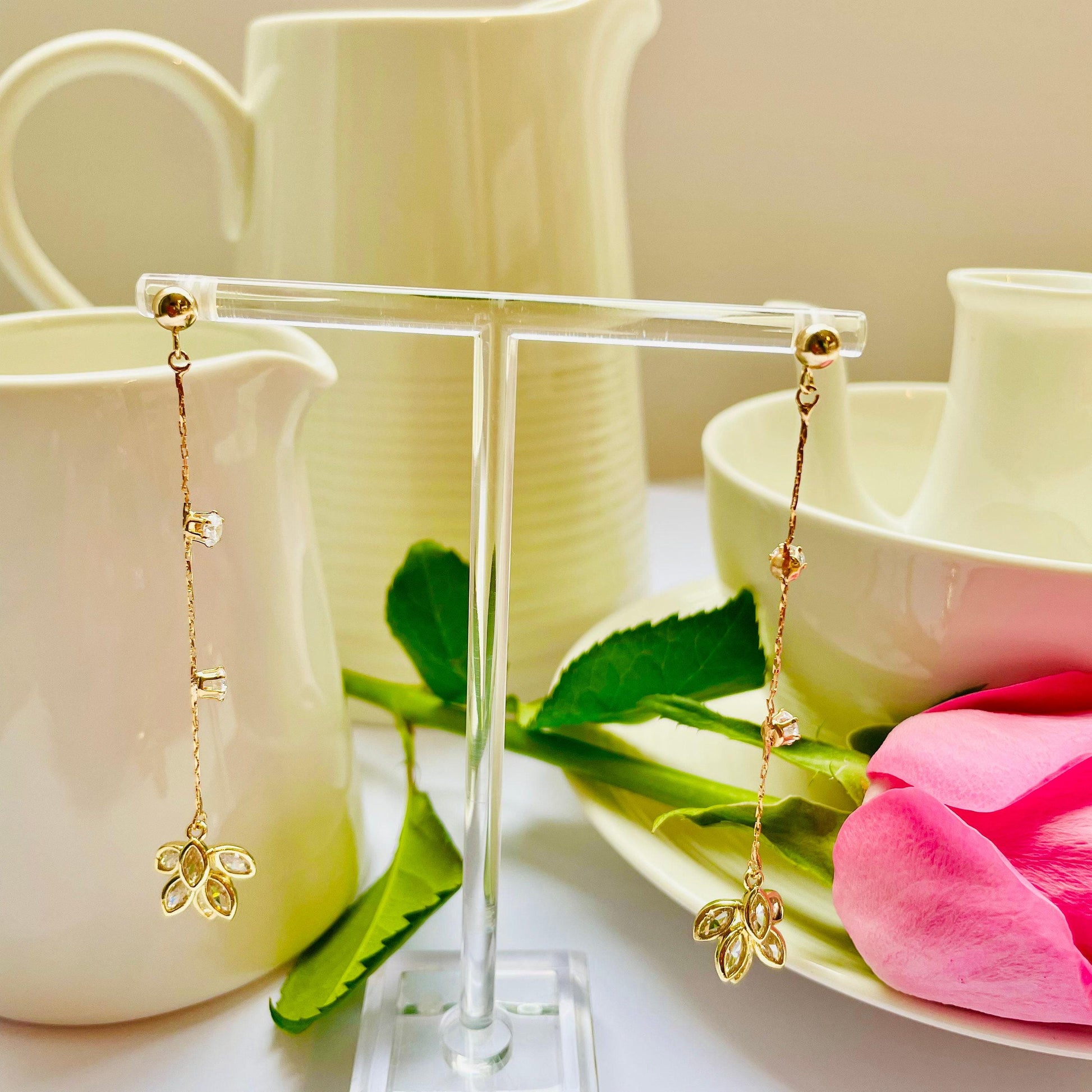 Crystal feather gold dangle drop earrings