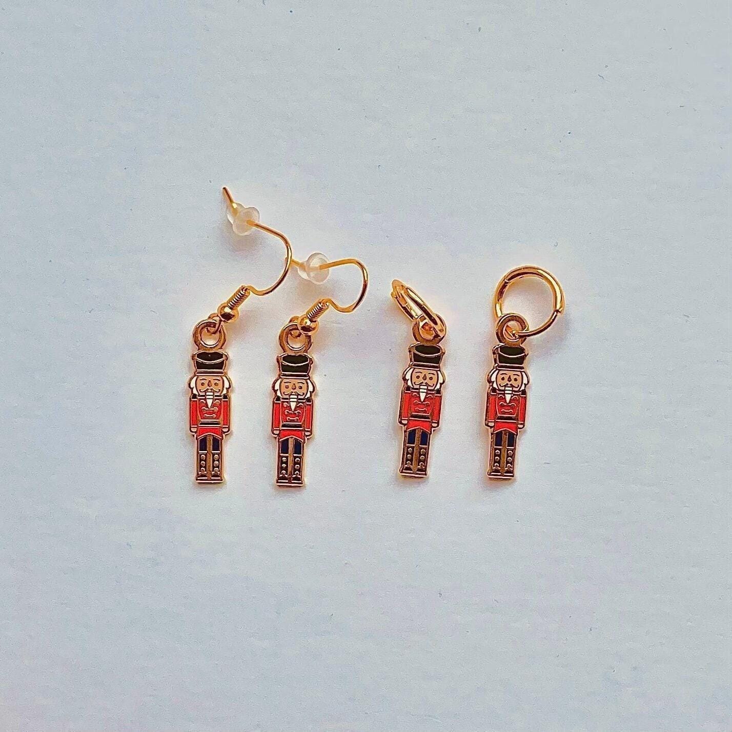Nutcracker Dangle Earrings, Minimalist Gold & Black Red (Sterling Silver), Christmas gift, stocking stuffer, Advent calendar