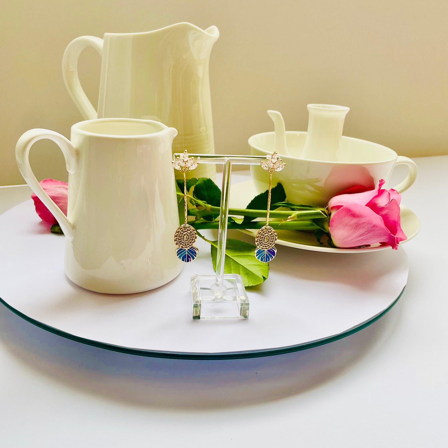 Blue Feather Dangle Earrings: Textured Enamel with Gold and CZ, Advent calendar