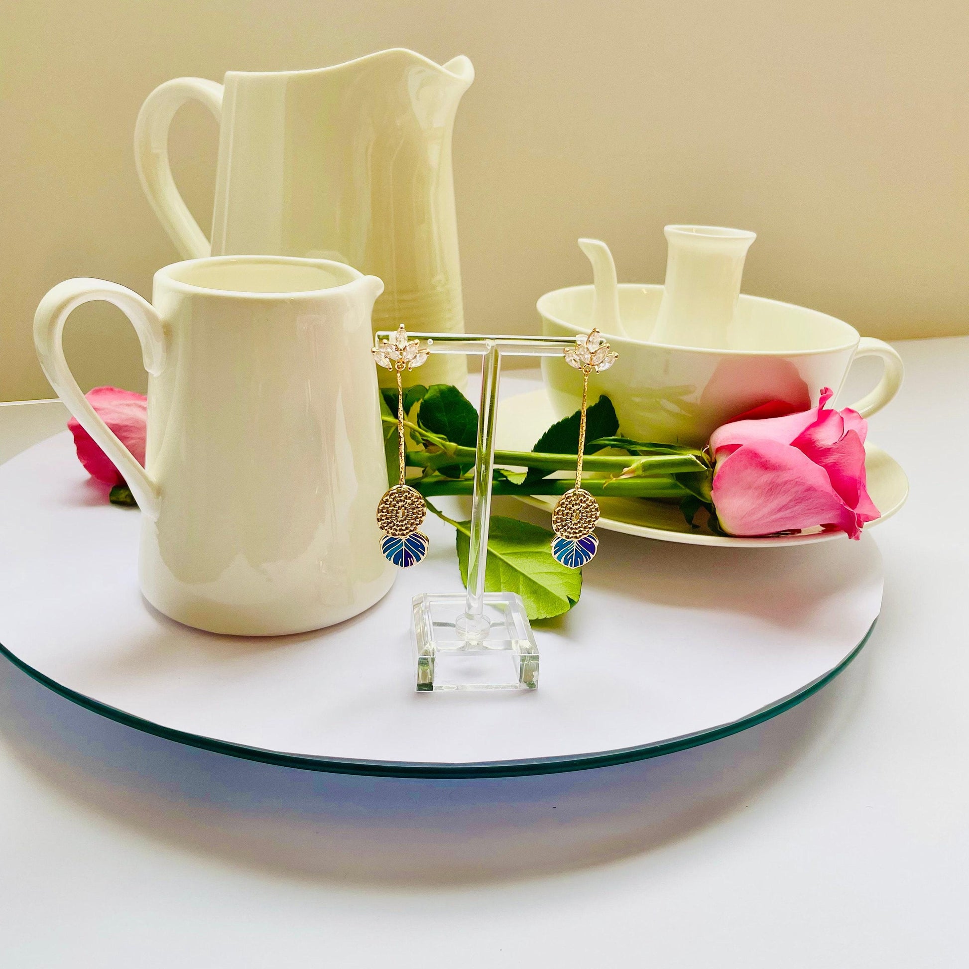Blue Feather Dangle Earrings: Textured Enamel with Gold and CZ, Advent calendar