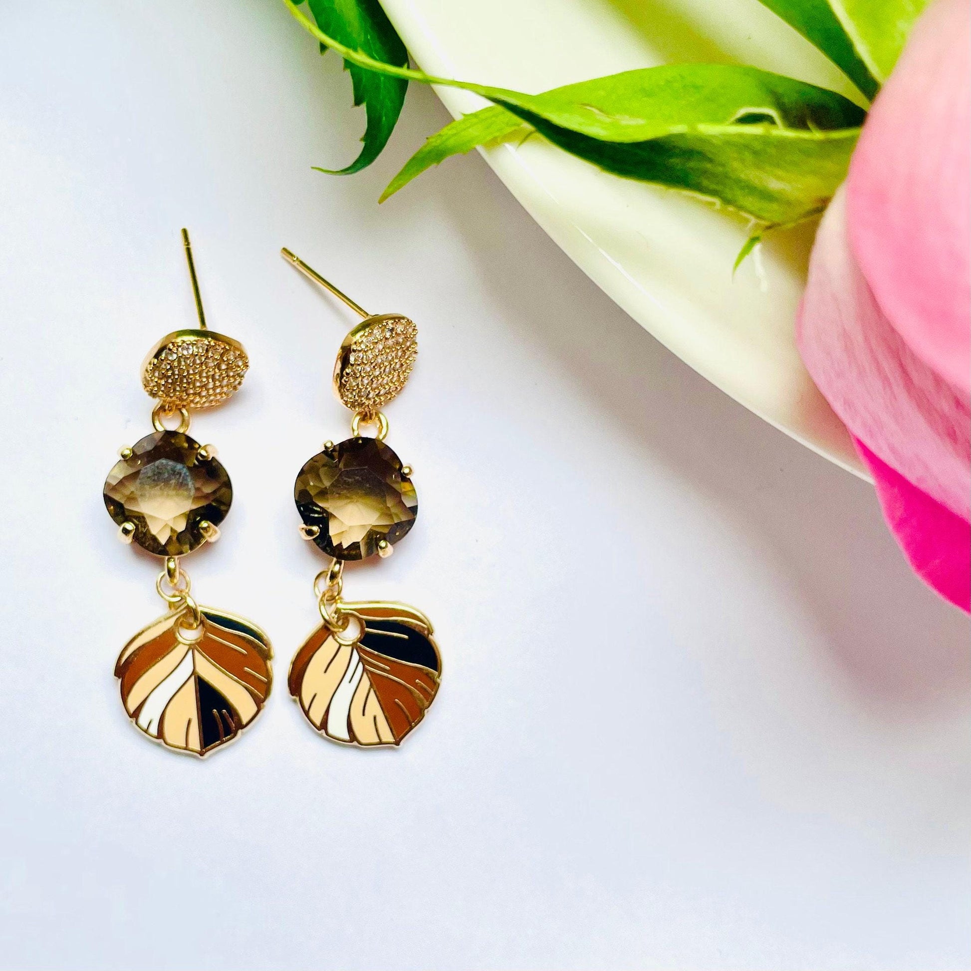 Mocha dark brown crystal pendant Enamel feather stud dangle drop earrings