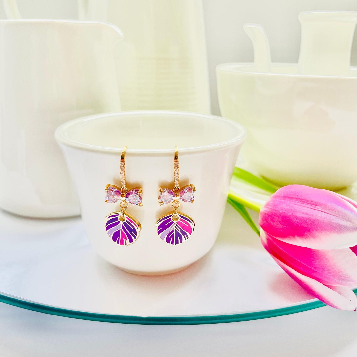 Bow feather purple dangle drop enamel cubic zirconia earrings