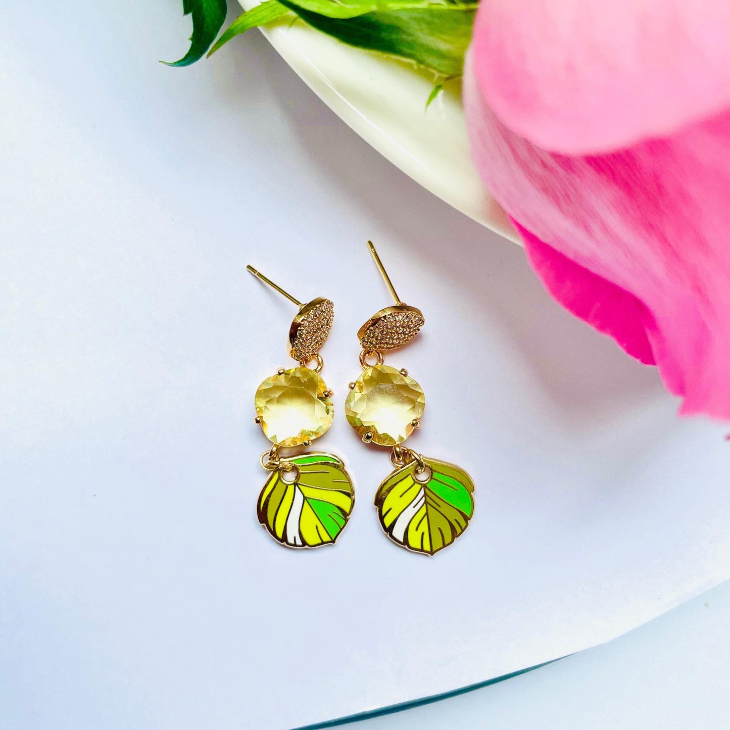 Lime Citrus pendant Enamel feather stud dangle drop earrings