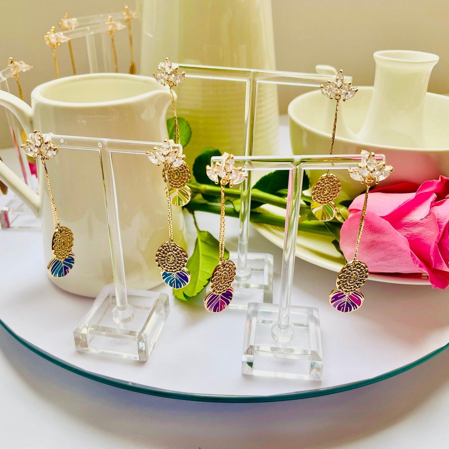 Blue Feather Dangle Earrings: Textured Enamel with Gold and CZ, Advent calendar