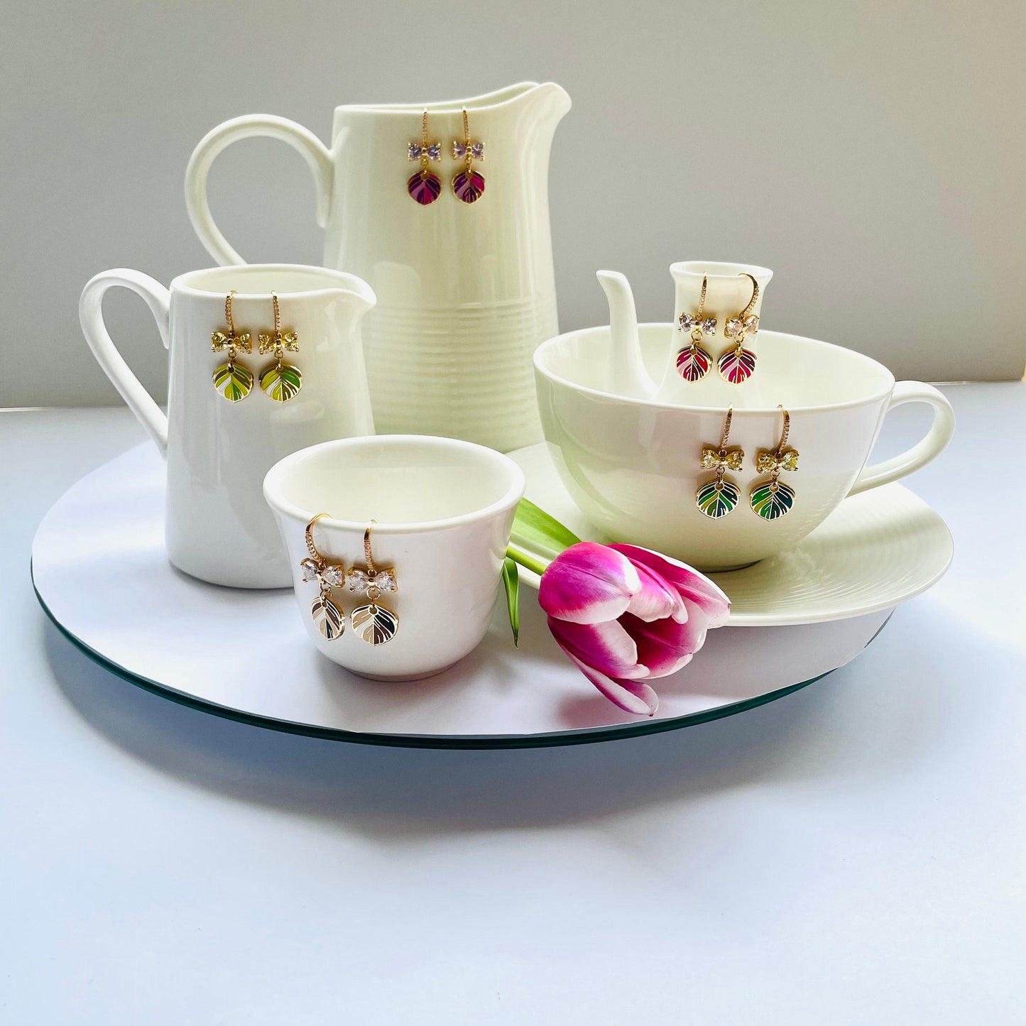 Enamel Feather Earrings: Purple Gold Dangle - Crystal Bow Detail, Advent calendar