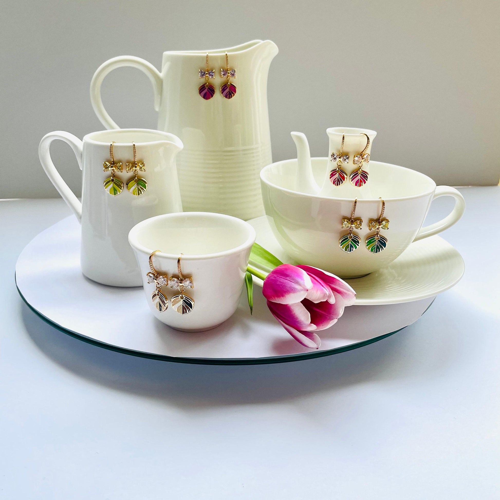 Enamel Feather Earrings: Purple Gold Dangle - Crystal Bow Detail, Advent calendar