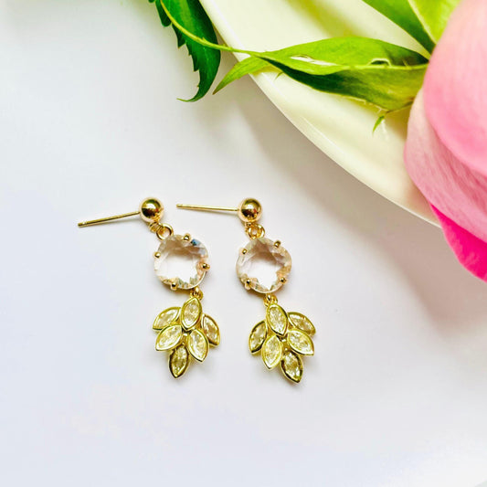 clear crystal feather plant crystal cubic zirconia dangle drop earrings