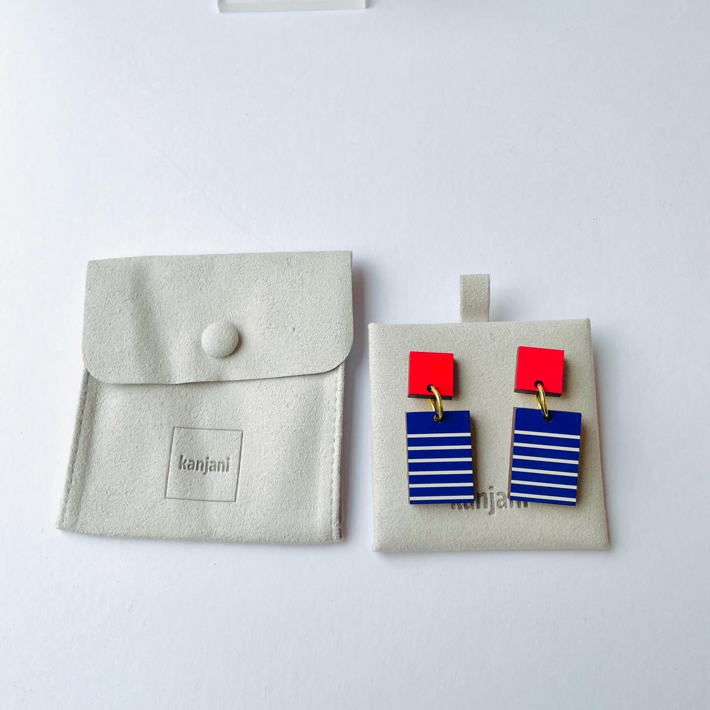 Blue and red geometric Breton earrings, rectangle minimalist design, wood earrings