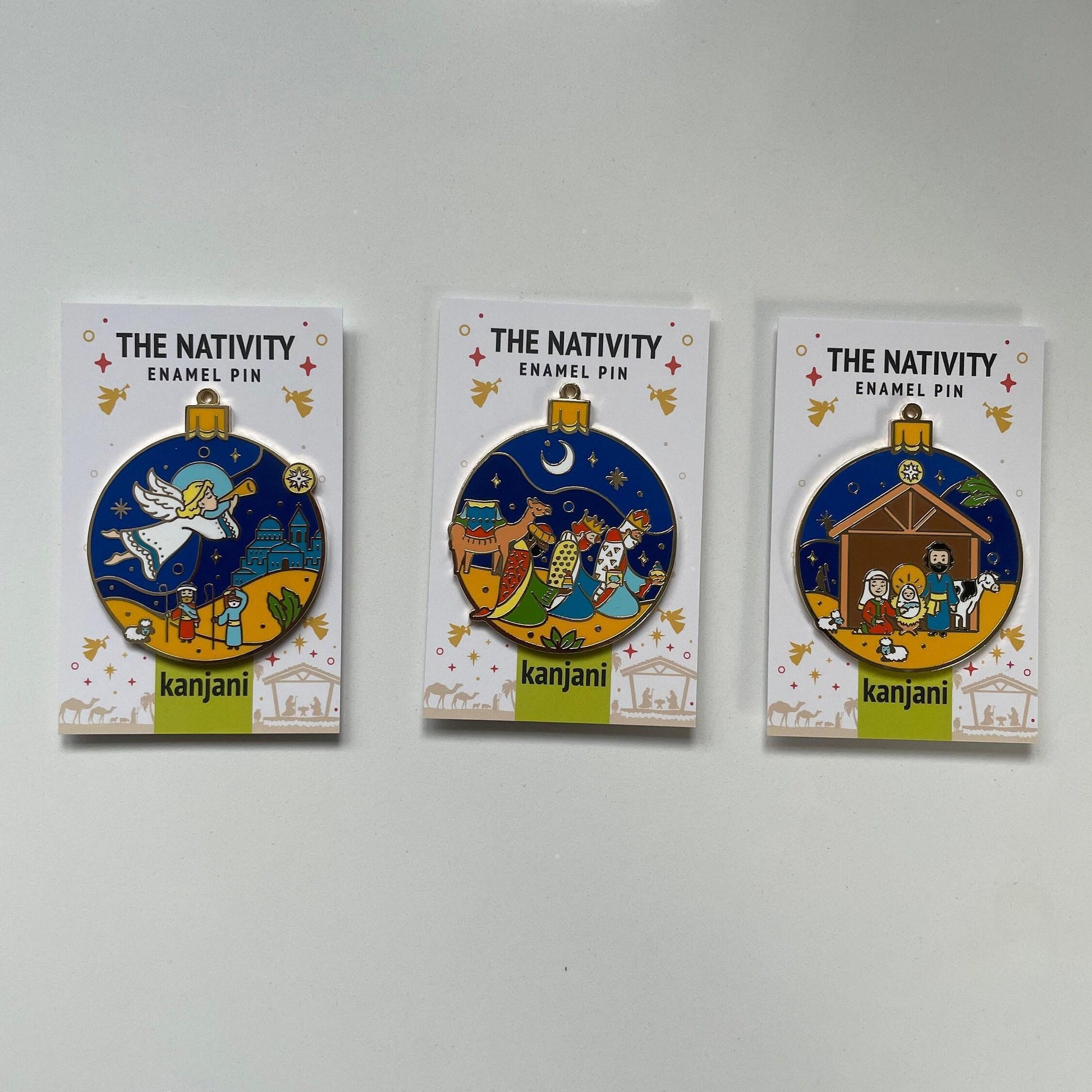 Nativity Enamel pin gift, ornament, bauble, keychain, fridge magnet, angel, trumpet, star, Bethlehem, Christmas, Tree