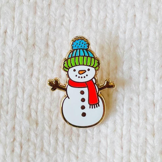 White blue green woolly hat carrot nose snowman gold hard enamel mini pin badge