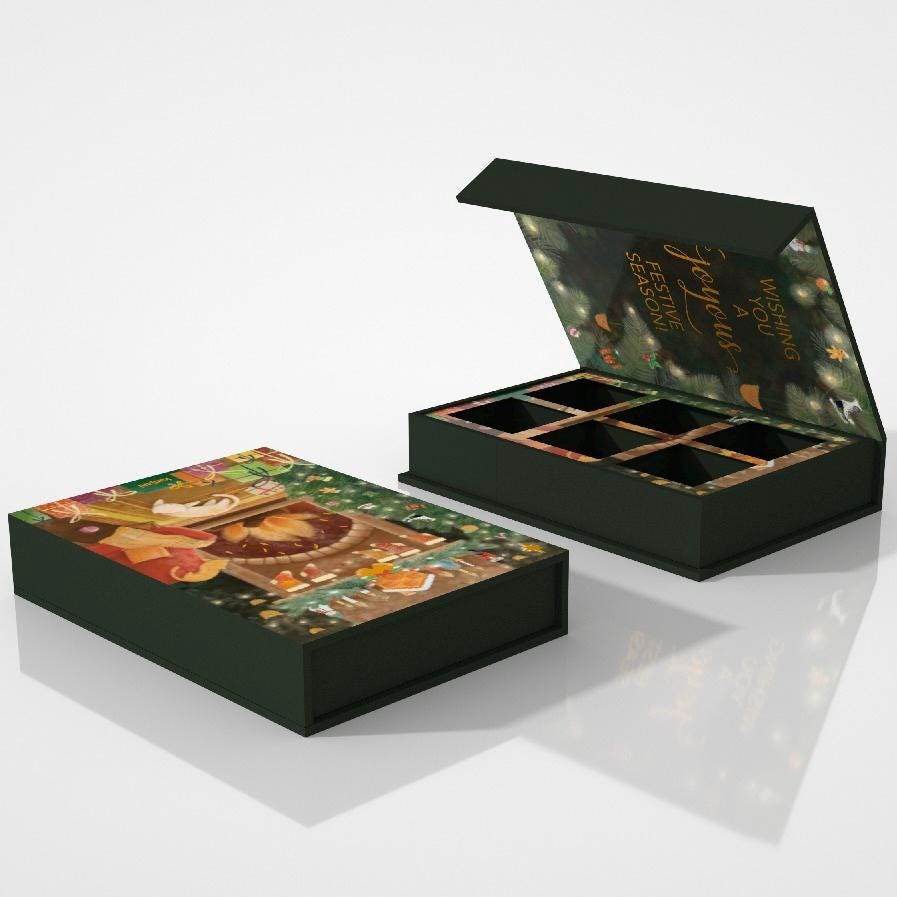 a set of six dark green boxes with a festive design on the front, and the text &quot;Wishing you a joyful season&quot; on the side.