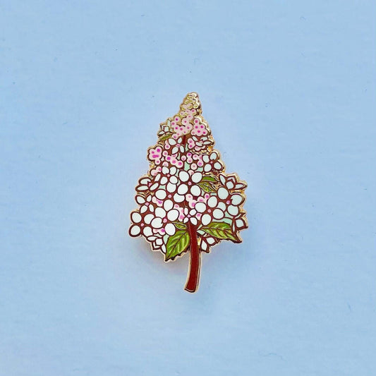 Oak leaf white and pink hydrangea gold hard enamel pin