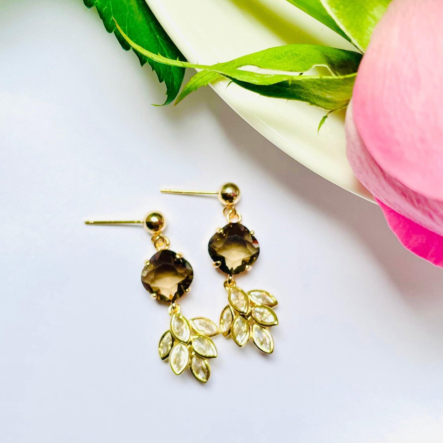 Deep brown (black coffee) crystal feather plant crystal cubic zirconia dangle drop earrings