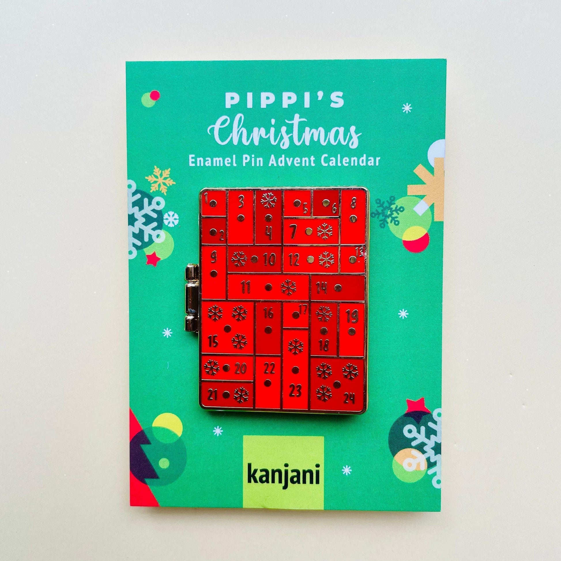 Pippi’s Christmas red and gold hard enamel hinged advent calendar enamel pin with cat fits mini enamel pins