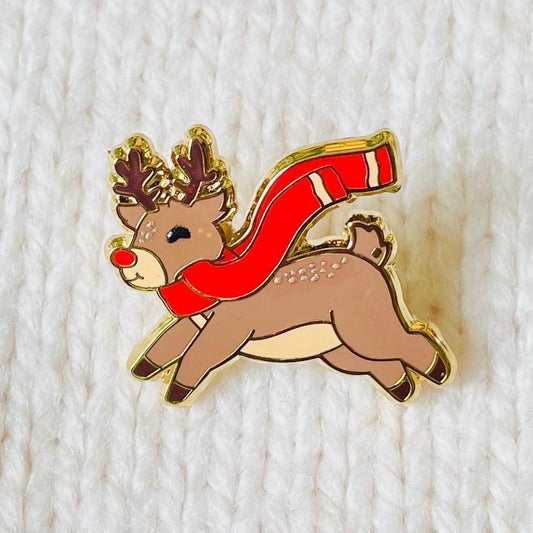 Red nose Christmas reindeer with red scarf gold hard enamel mini pin badge