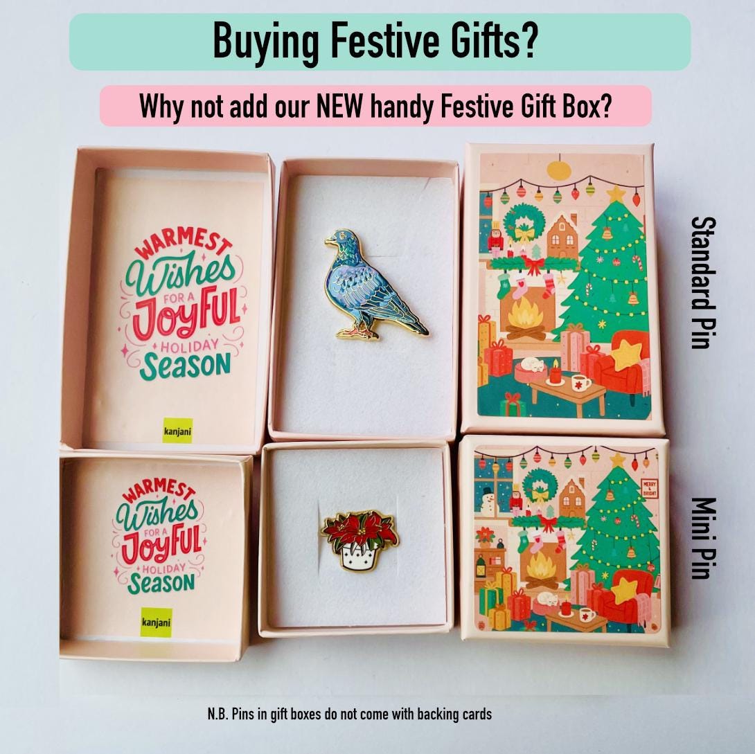 a collection of festive gift boxes and pins, with a question asking why not add a new handy festive gift box. The boxes and pins feature holiday-themed designs, including a bird, a Christmas tree, and a wreath.