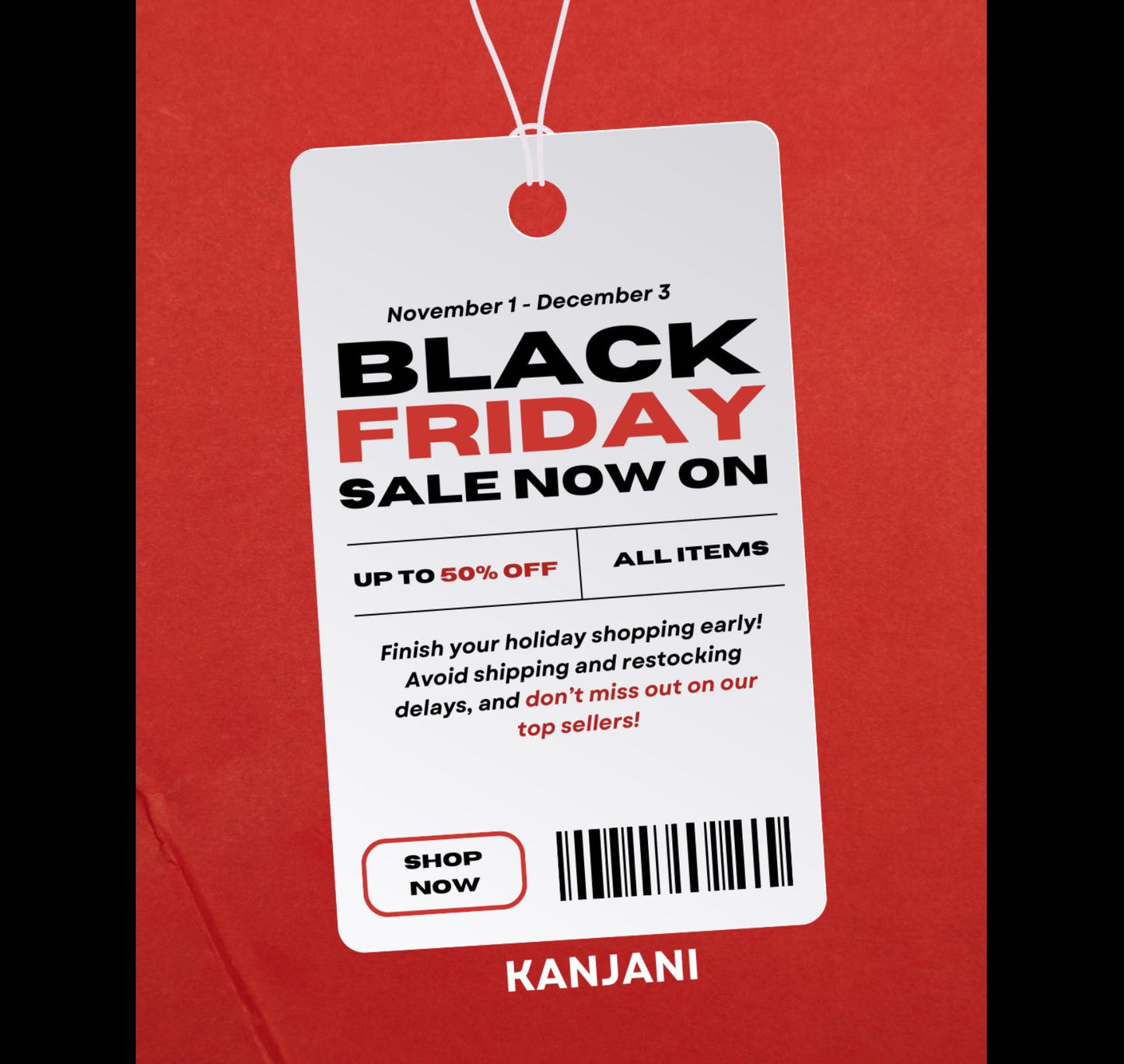 The image is a promotional poster for a Black Friday sale. It features a red background with white text and a barcode.