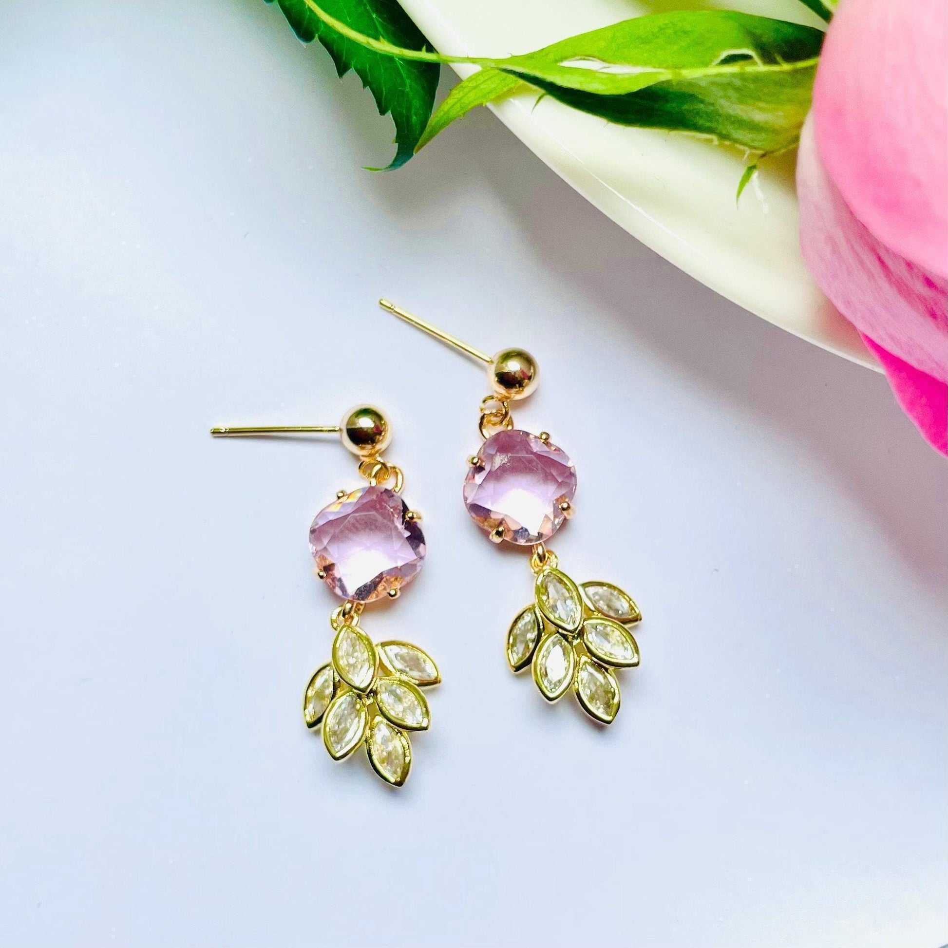 pink crystal feather plant crystal cubic zirconia dangle drop earrings