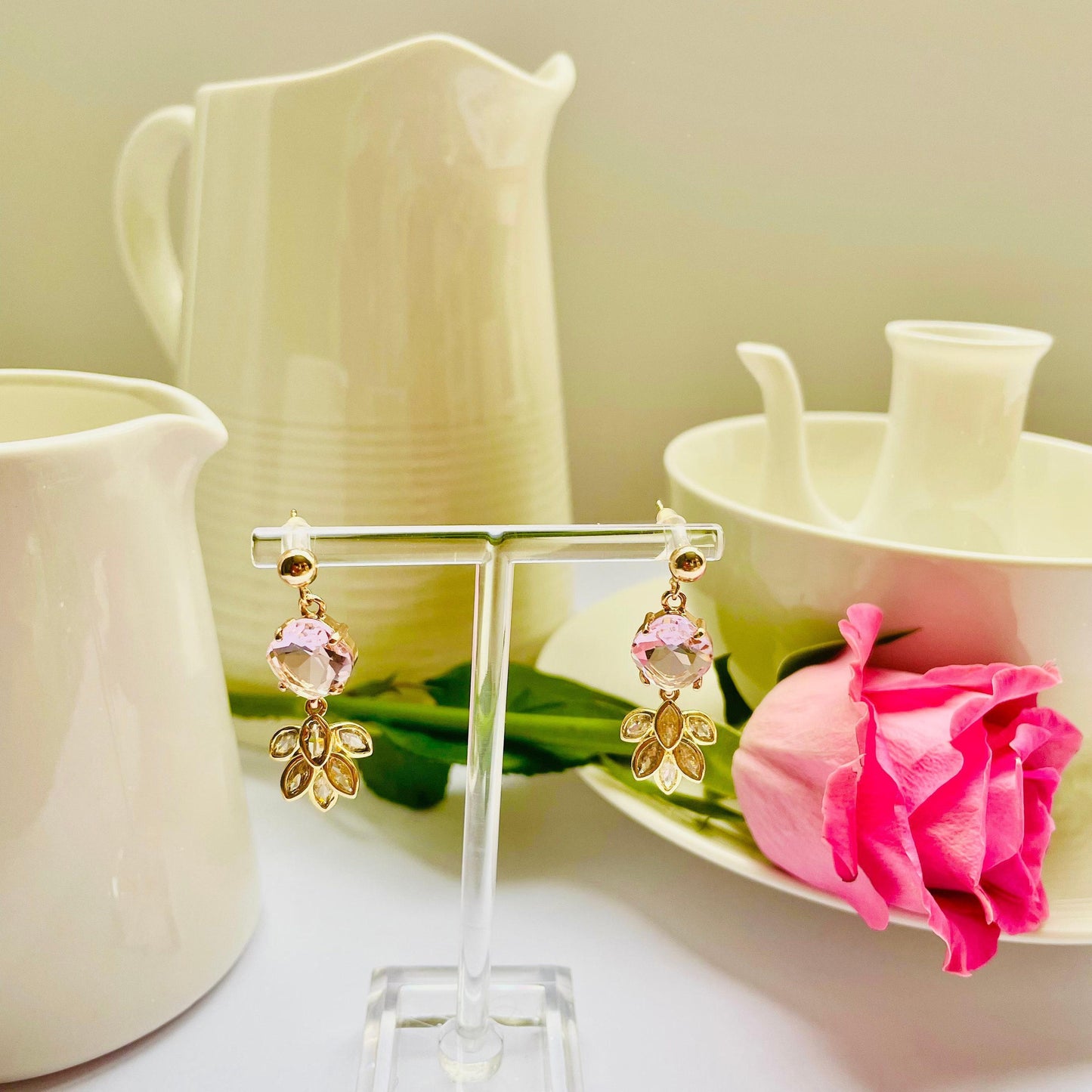 Pink Feather Drop Earrings - Gold Plated with Crystal Cubic Zirconia, Advent calendar