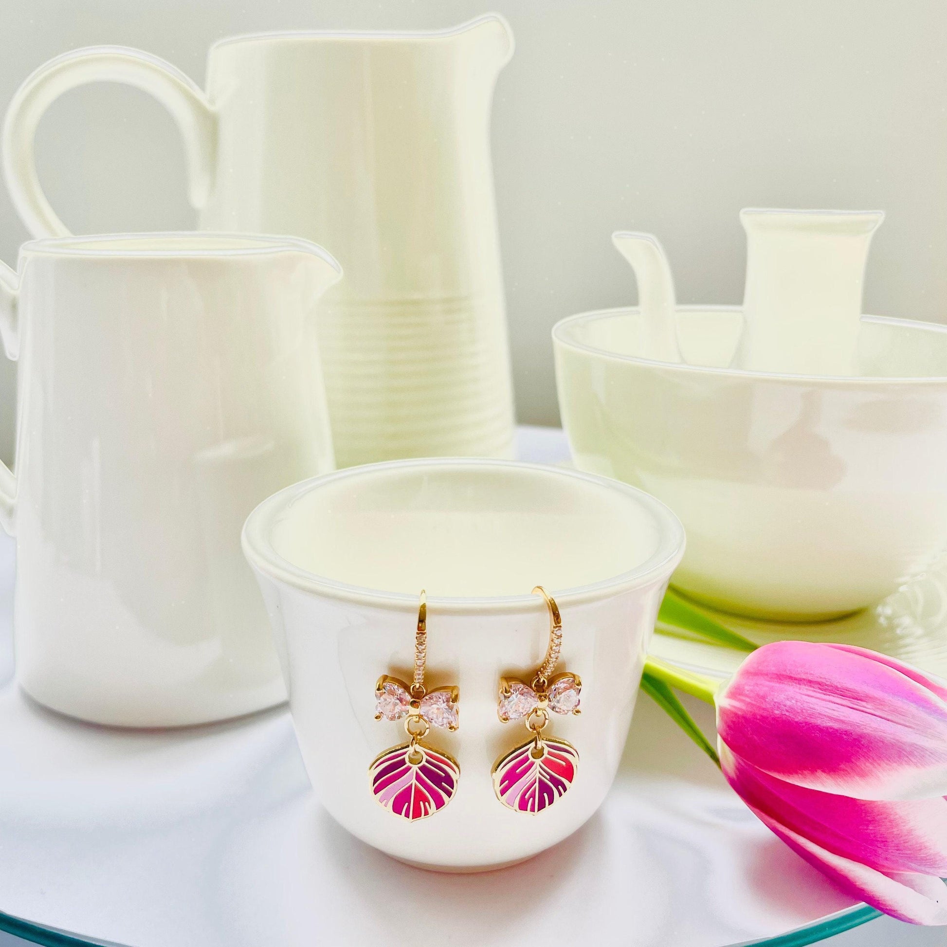 Pink Feather Drop Earrings - Gold Plated with Crystal Cubic Zirconia, Advent calendar