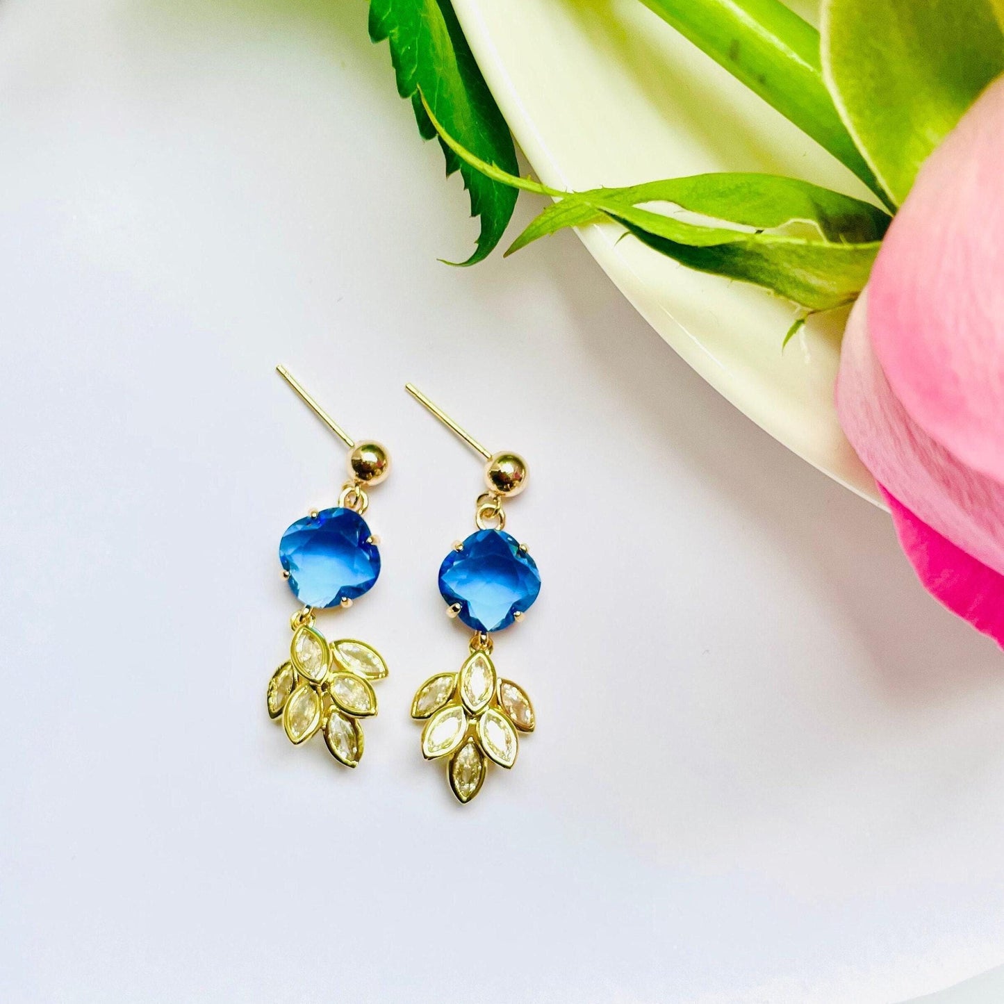 Blue crystal feather plant crystal cubic zirconia dangle drop earrings