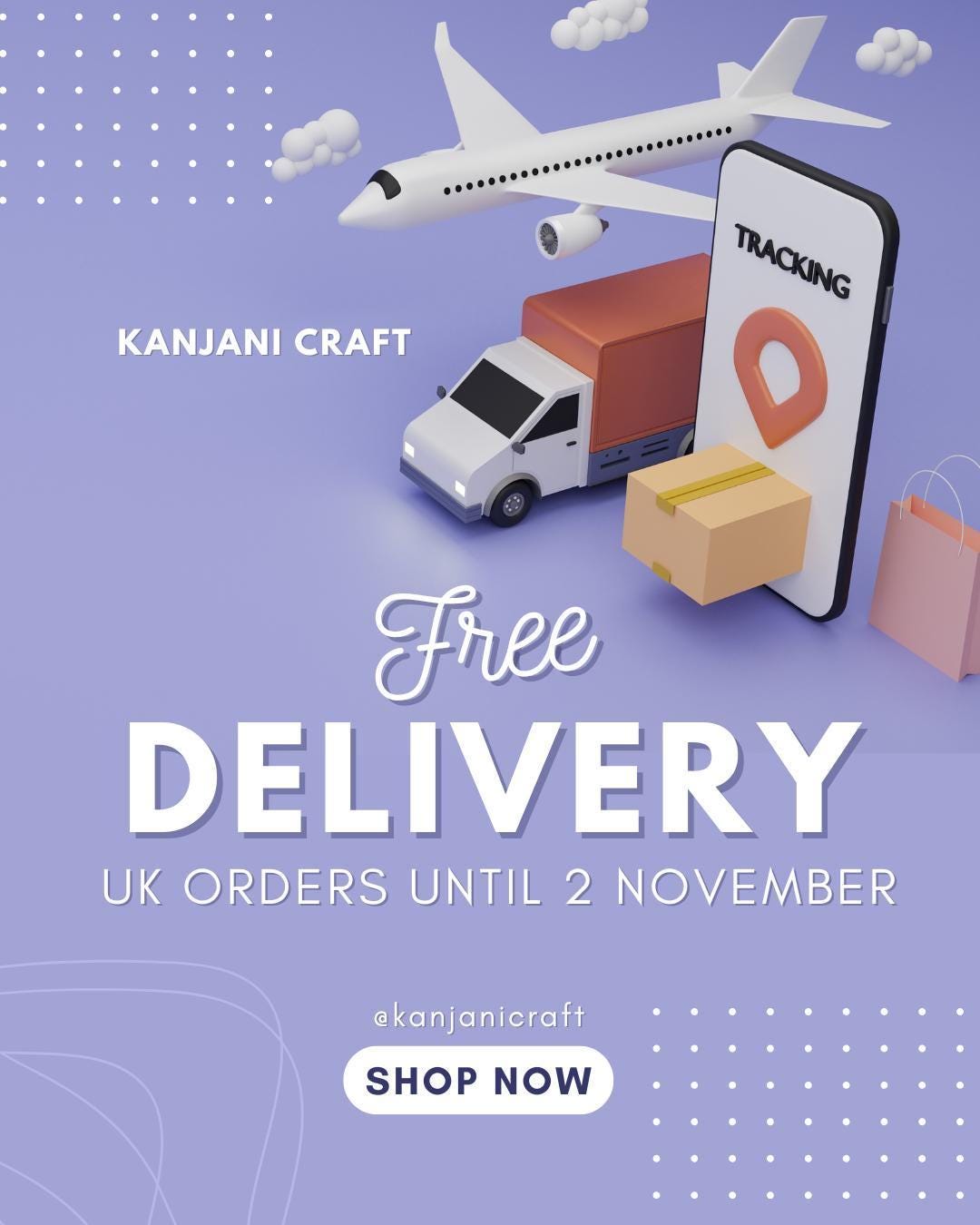The image is an advertisement for Kanjani Craft's free delivery service for UK orders until 2 November. It features a white airplane, a white truck, and a smartphone displaying the tracking app, all set against a purple background with white polka dots.