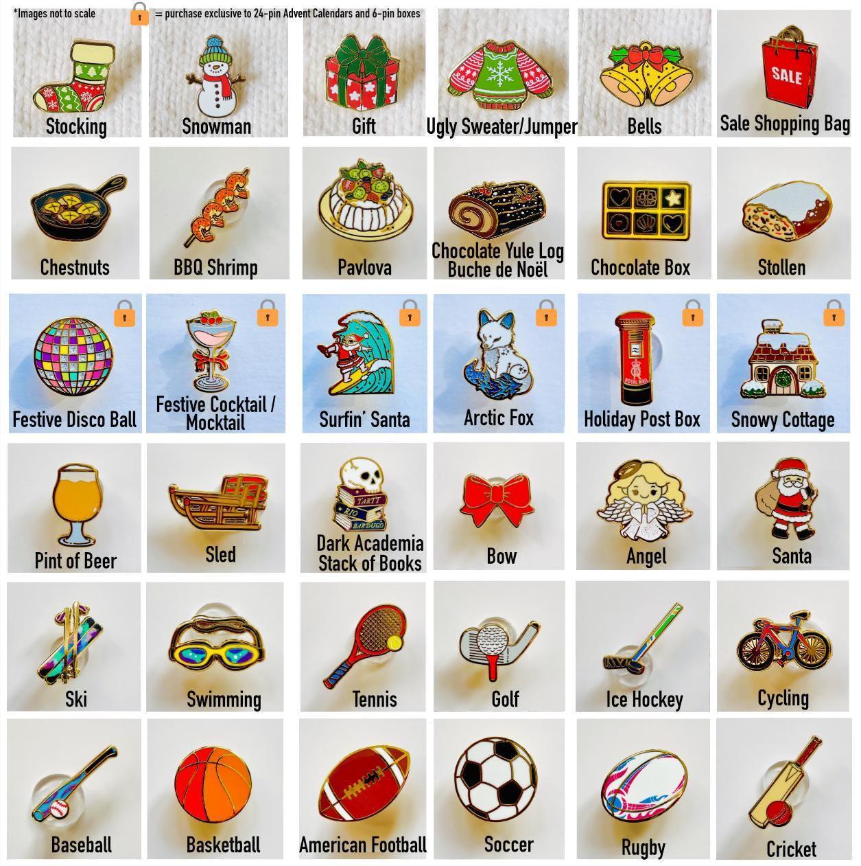 a collection of 24 different pin designs, each representing a unique theme or object. The pin designs include items such as stockings, a snowman, bells, a gift, a ugly sweater, a jumper, a Christmas box, a stolen item, a festive cocktail, a sled, a dark academy, a stack of books, a bow, an angel, a pint of beer, a sled, a pair of glasses, a tennis racket, a golf ball, an ice hockey stick, a bicycle, a baseball, a basketball, an American football, a soccer ball, and a rugby ball.