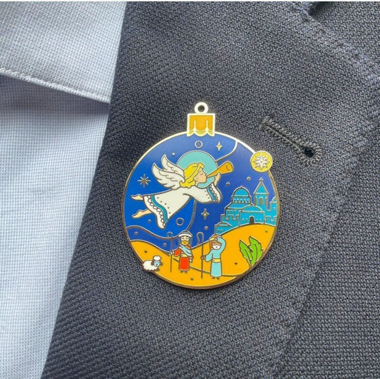 Nativity Enamel pin gift, ornament, bauble, keychain, fridge magnet, angel, trumpet, star, Bethlehem, Christmas, Tree