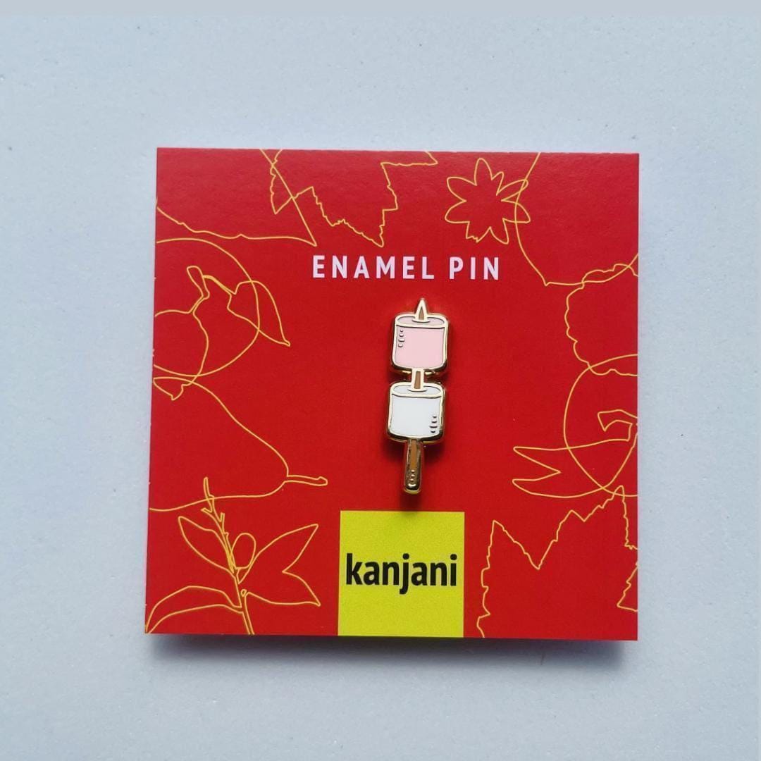 Pink and white roasting marshmallows on a brown stick gold hard enamel mini pin