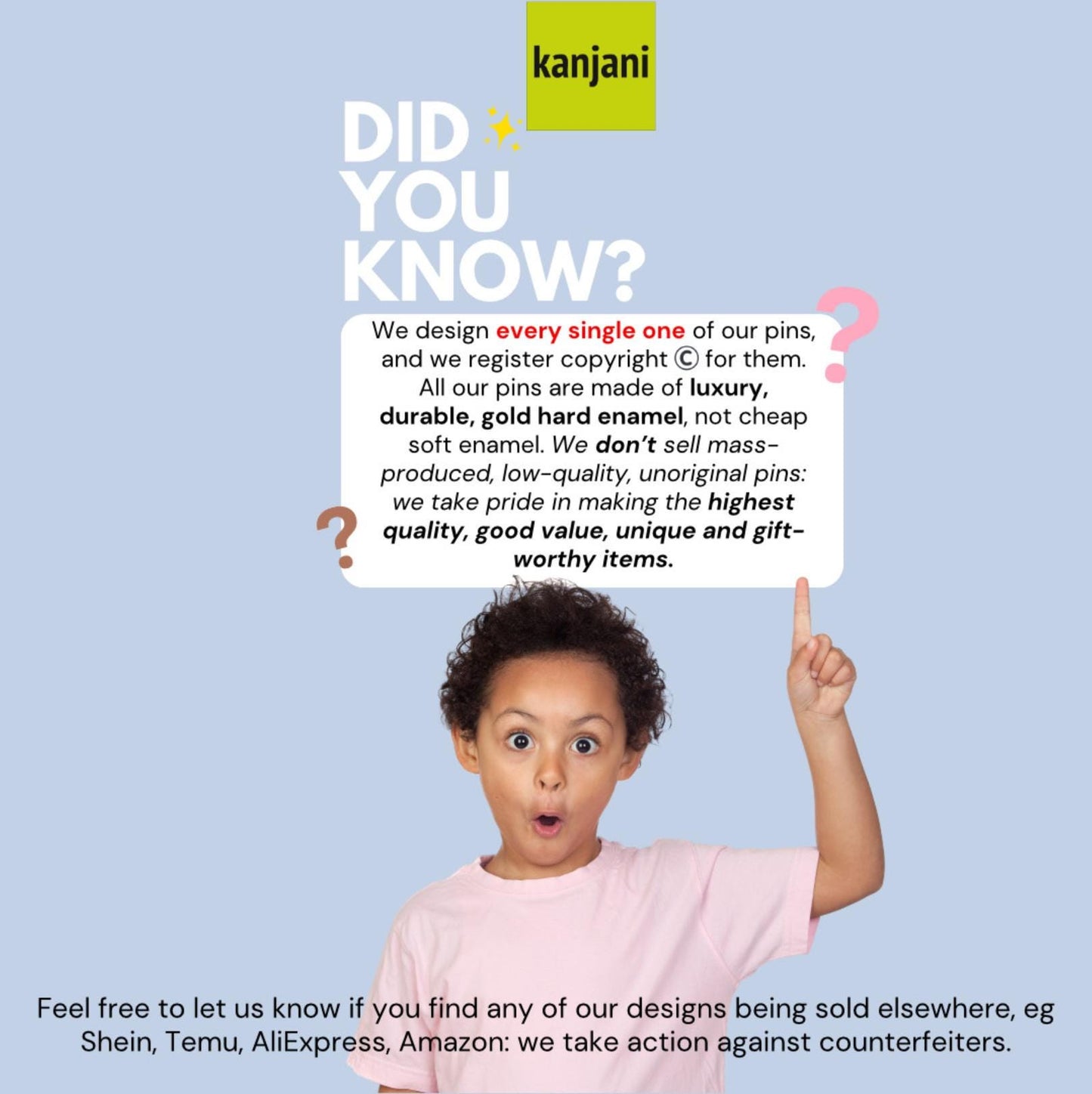 a young child with a surprised expression, pointing upwards, and posing with a question mark. The background is a light blue color.