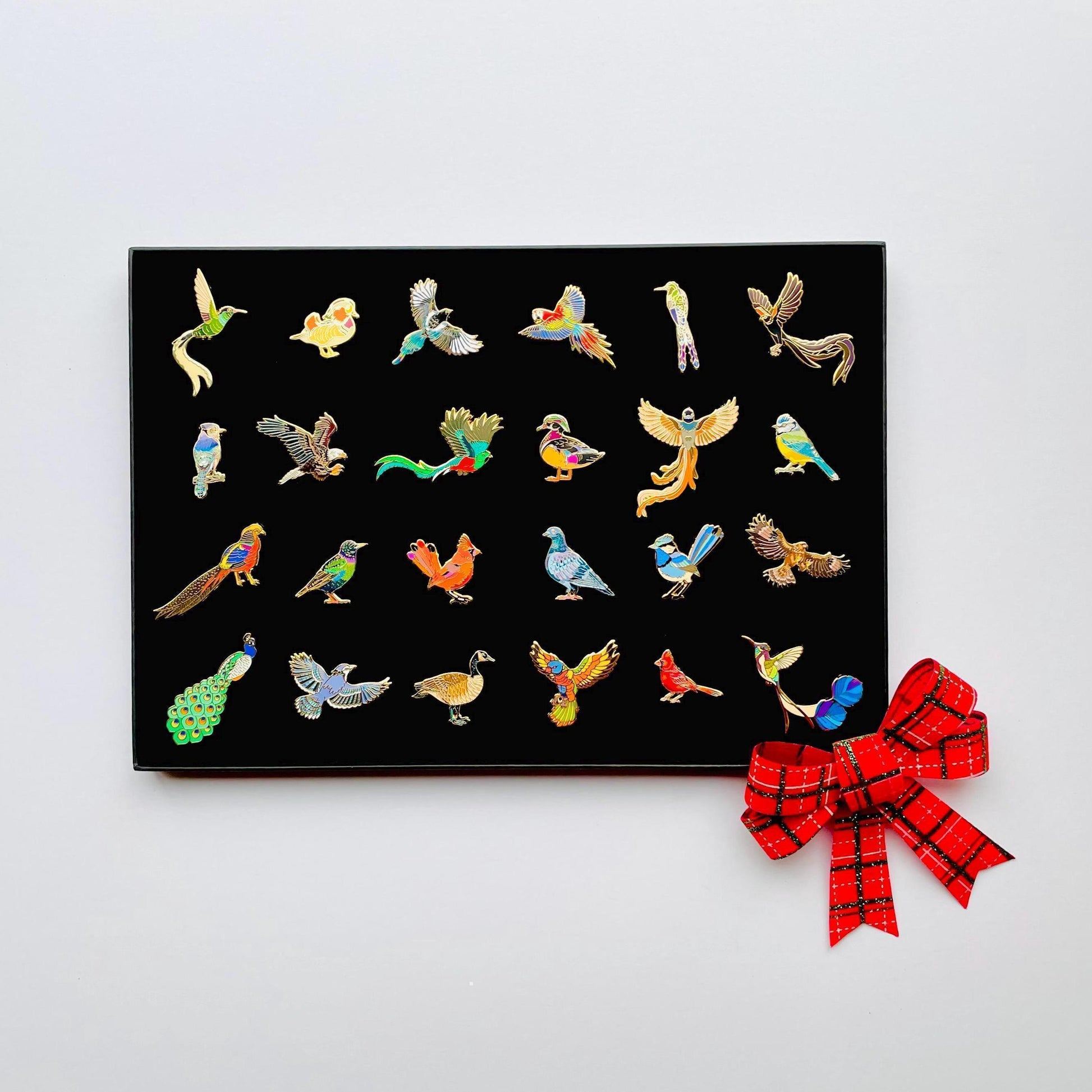 24 bird gold hard enamel pins in a black gift box, quetzal, pigeon, magpie, macaw, blue jay,Cardinal, hummingbird, wood duck, mandarin, peacock