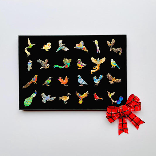 24 bird gold hard enamel pins in a black gift box, quetzal, pigeon, magpie, macaw, blue jay,Cardinal, hummingbird, wood duck, mandarin, peacock