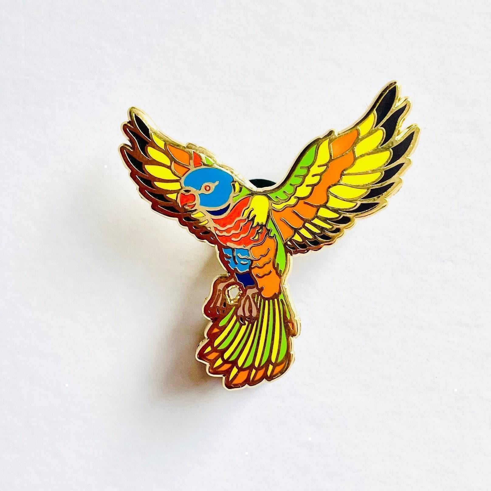 Parrot gold hard enamel pin, rainbow lorikeet