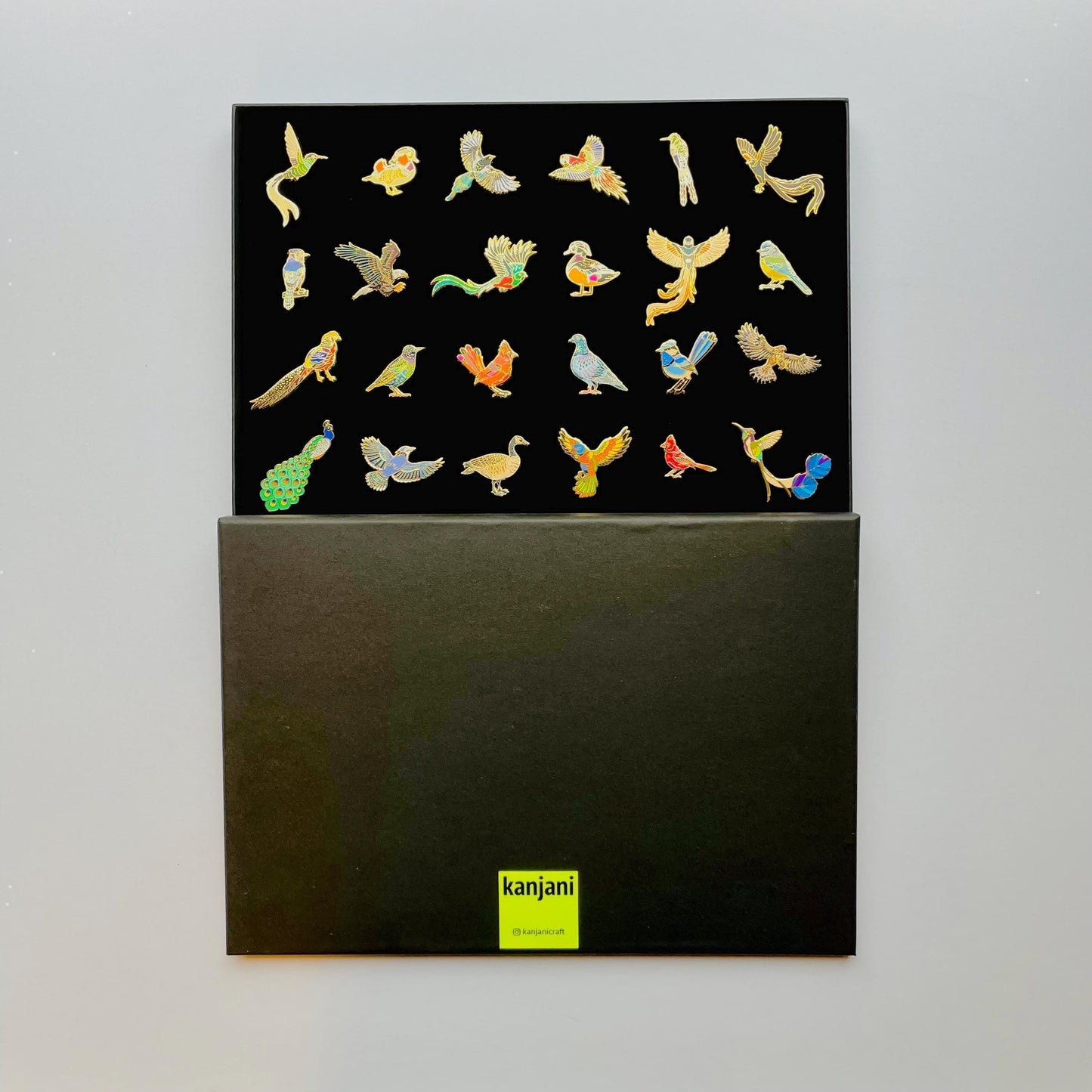 24 bird gold hard enamel pins in a black gift box, quetzal, pigeon, magpie, macaw, blue jay,Cardinal, hummingbird, wood duck, mandarin, peacock