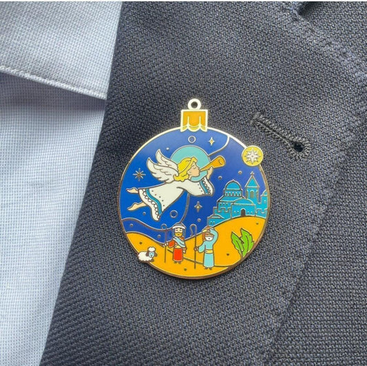 Enamel Nativity Pin: Angel, Trumpet, Star Over Bethlehem - Christmas Ornament, Christmas gift, stocking stuffer, Advent calendar