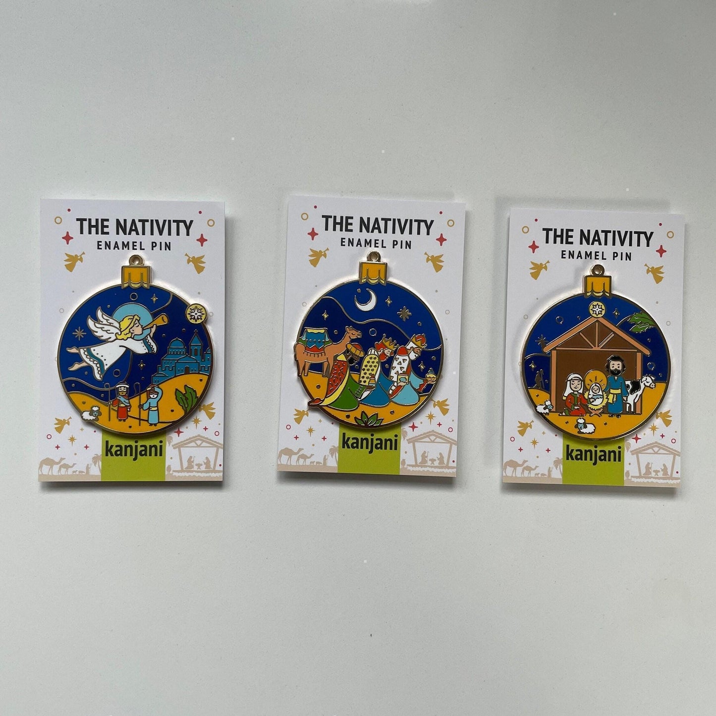 Enamel Nativity Pin: Angel, Trumpet, Star Over Bethlehem - Christmas Ornament, Christmas gift, stocking stuffer, Advent calendar