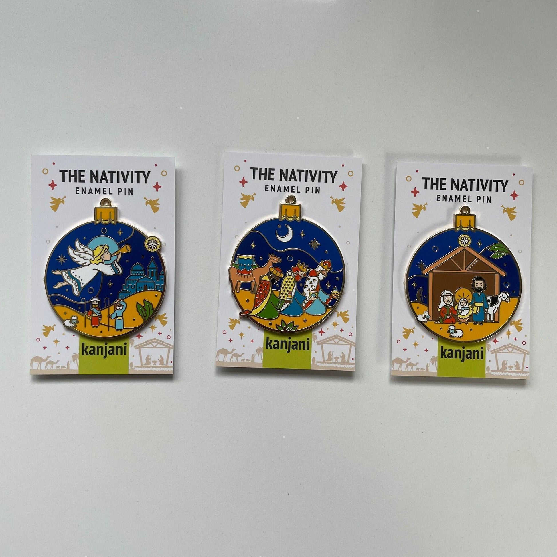 Enamel Nativity Pin: Angel, Trumpet, Star Over Bethlehem - Christmas Ornament, Christmas gift, stocking stuffer, Advent calendar