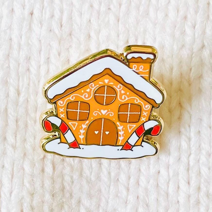 Snowy Gingerbread house cottage gold hard enamel mini pin badge