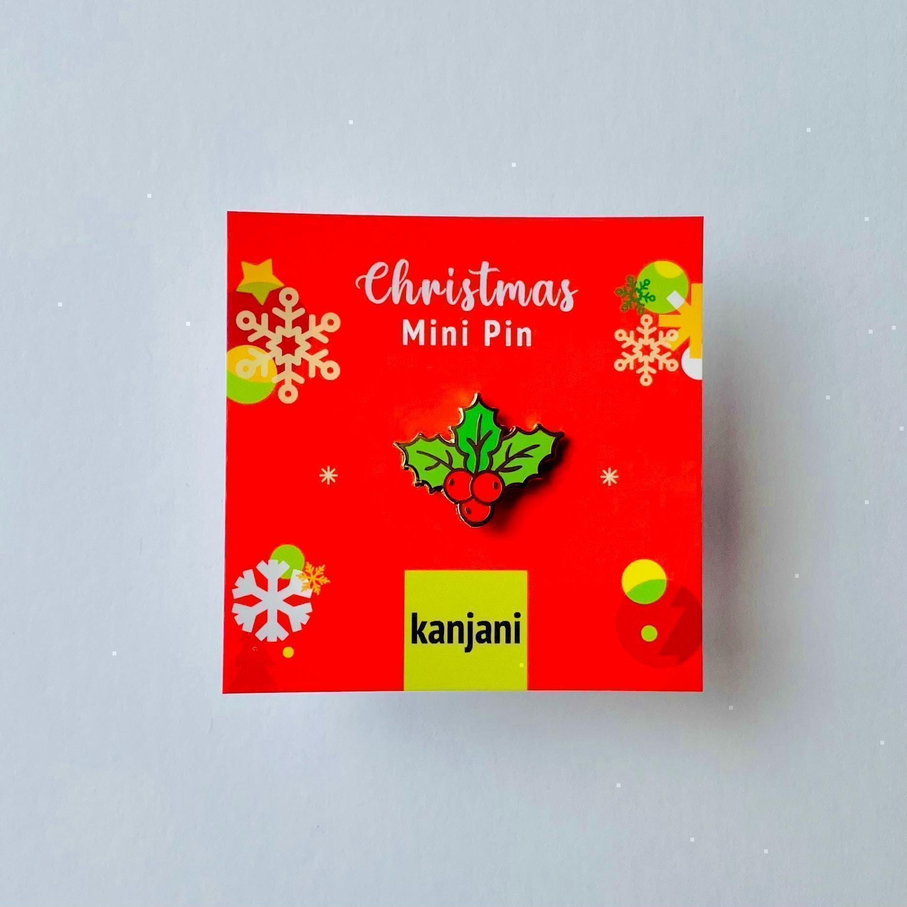 Green Holly leaves with red berries Christmas enamel pin badge