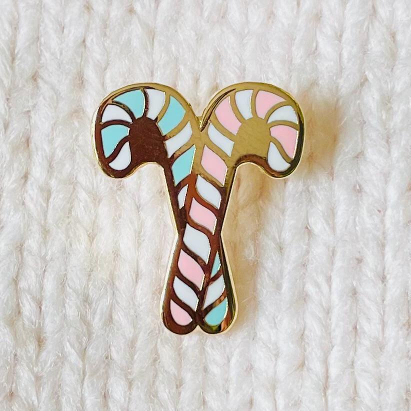 Pink and blue and white striped candy canes gold hard enamel pin badge