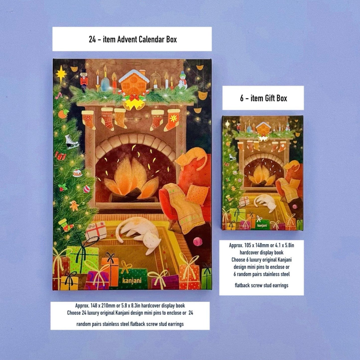 The image is a Christmas-themed illustration featuring a fireplace with a Santa Claus figure, presents, and other holiday decorations.