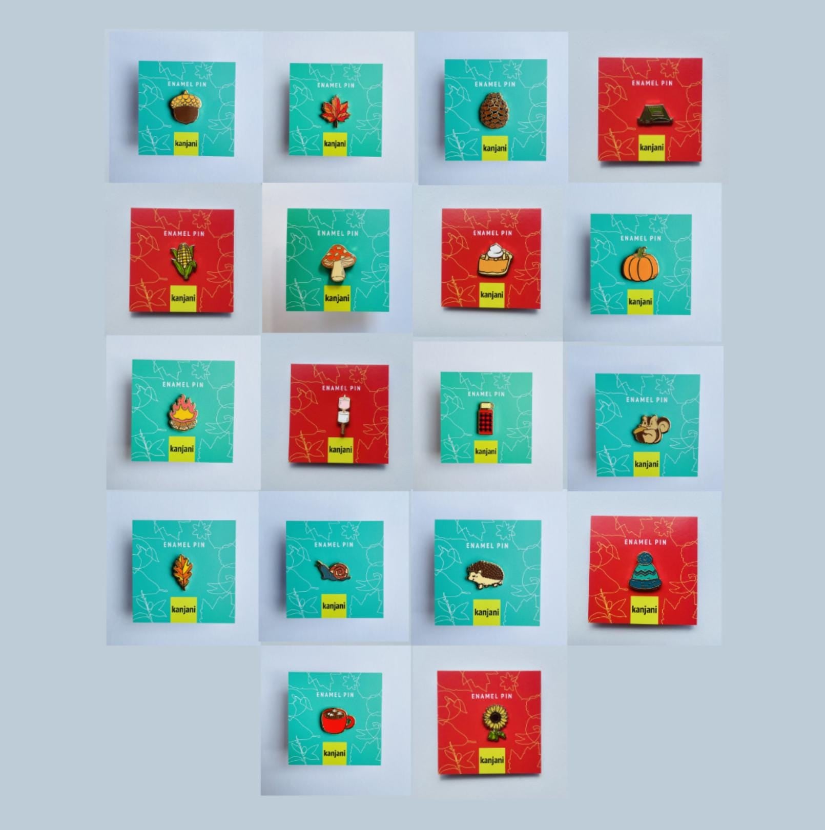 a collection of 16 different images, each featuring a unique seasonal pin design. The pin designs include an acorn, a maple leaf, a pine cone, a pumpkin, a mushroom, a snowman, a snail, a hedgehog, a bird, a tree, a donut, and a sunflower. The pin designs are arranged in a grid pattern, showcasing a variety of seasonal themes and elements.