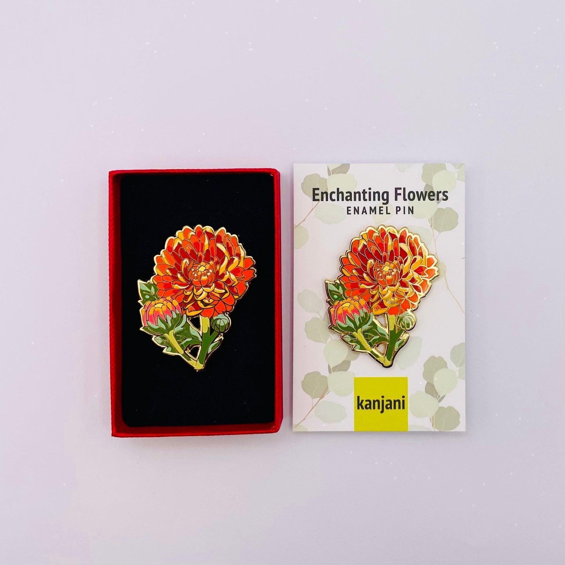 Floral Enamel Pin, Chrysanthemum, Orange Red (1.75in Lapel Badge), Christmas gift, stocking stuffer, Advent calendar