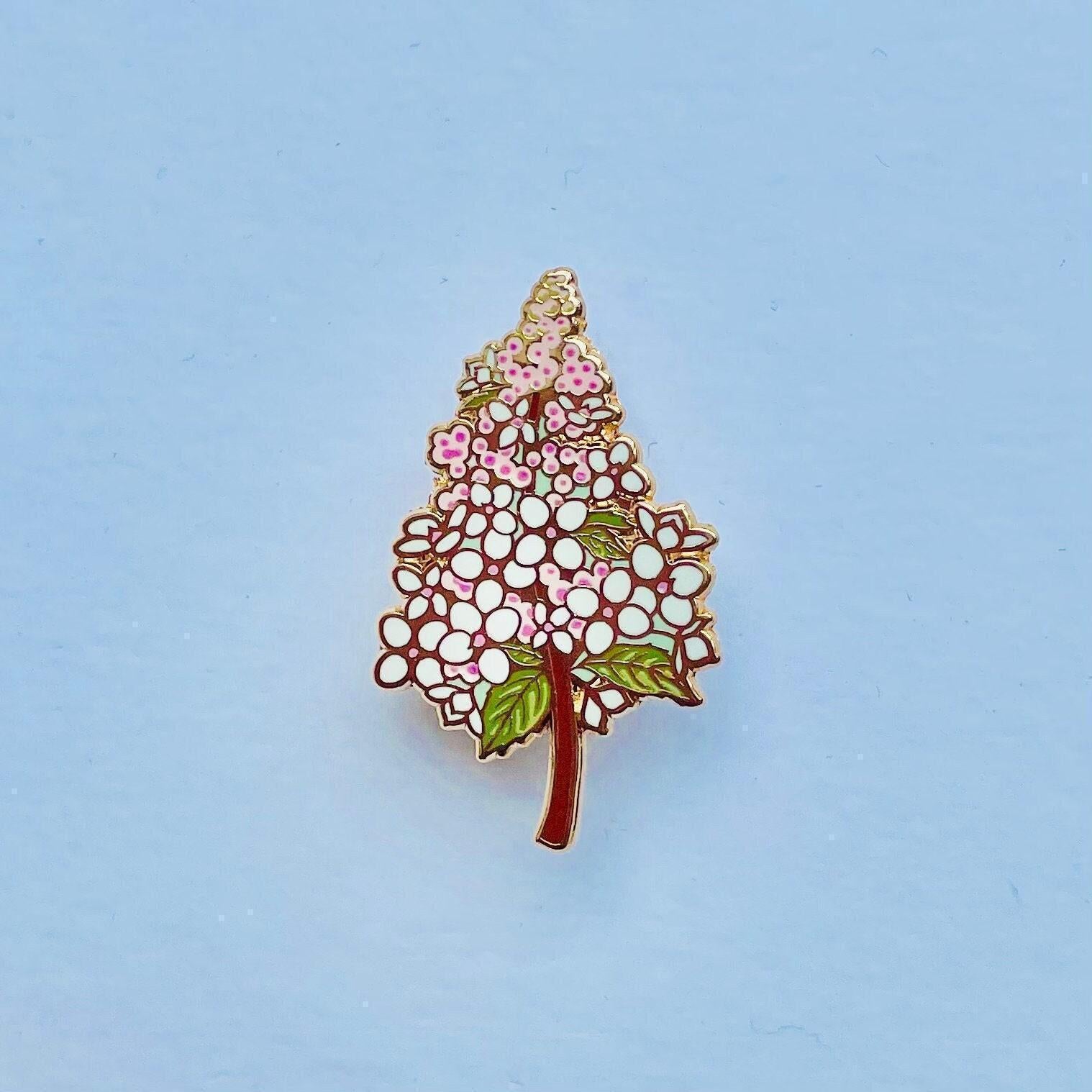 Oak leaf white and pink hydrangea gold hard enamel pin