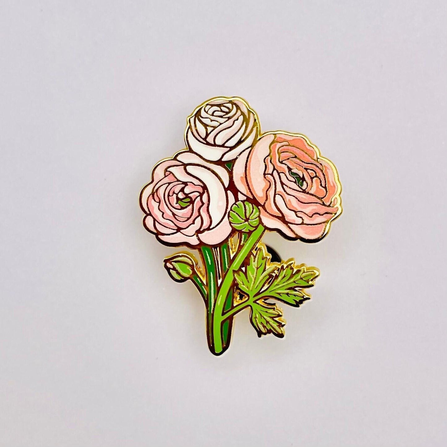 Soft pink and cream and green ranunculus gold hard enamel pin