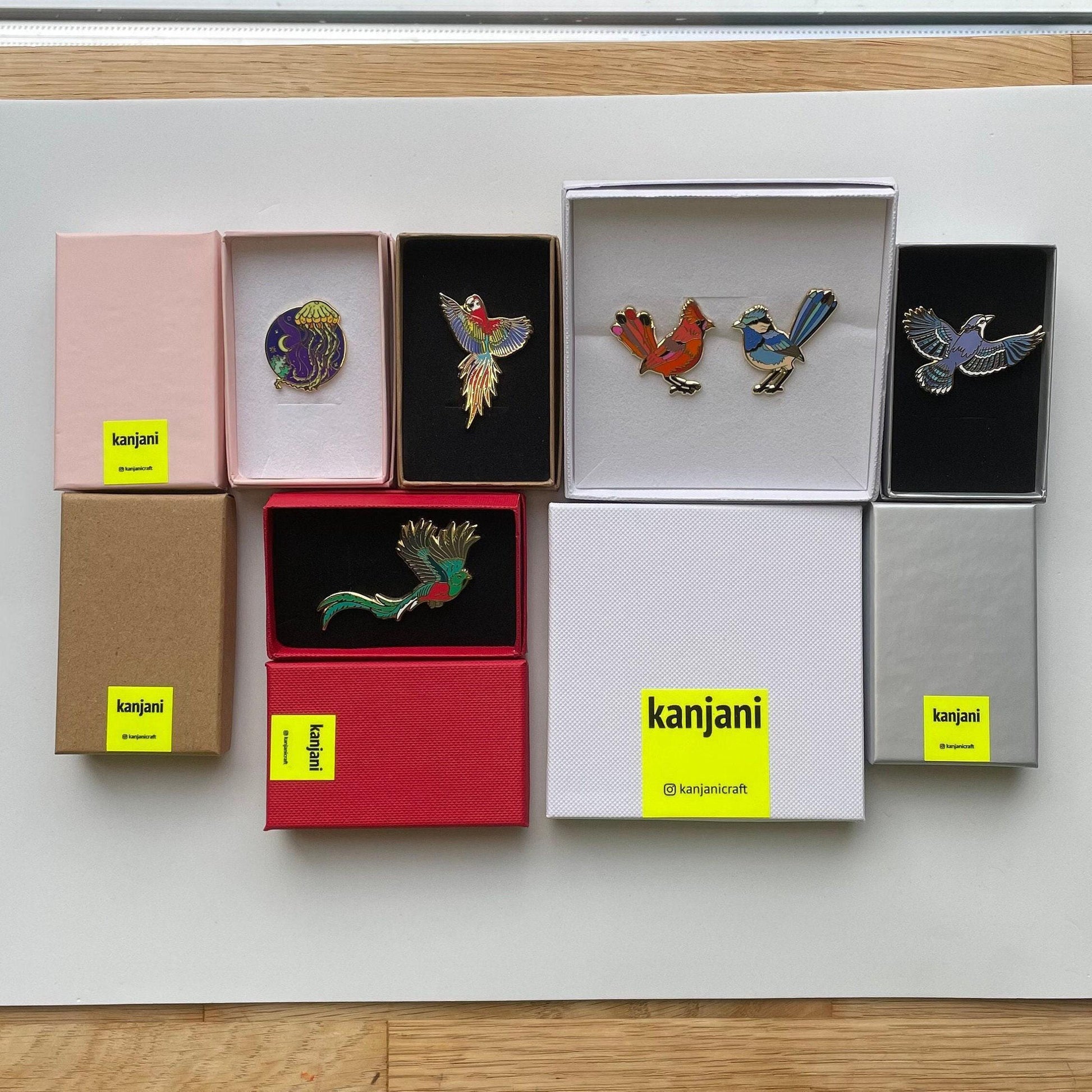 a collection of nine boxes and two envelopes, each containing a different bird pin. The boxes are arranged in a grid-like pattern, with the top row containing three boxes and the bottom row containing three envelopes. The bird pins are displayed in various colors and designs, creating a visually appealing and diverse collection.