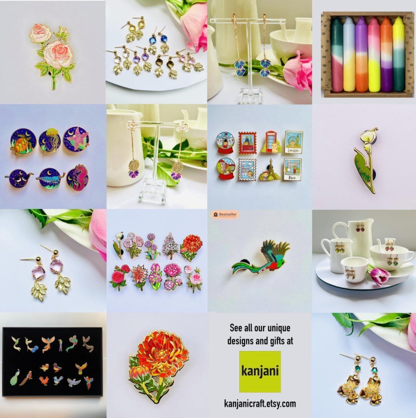 The image is a collage of various colorful and decorative items, including jewelry, flowers, and other accessories.