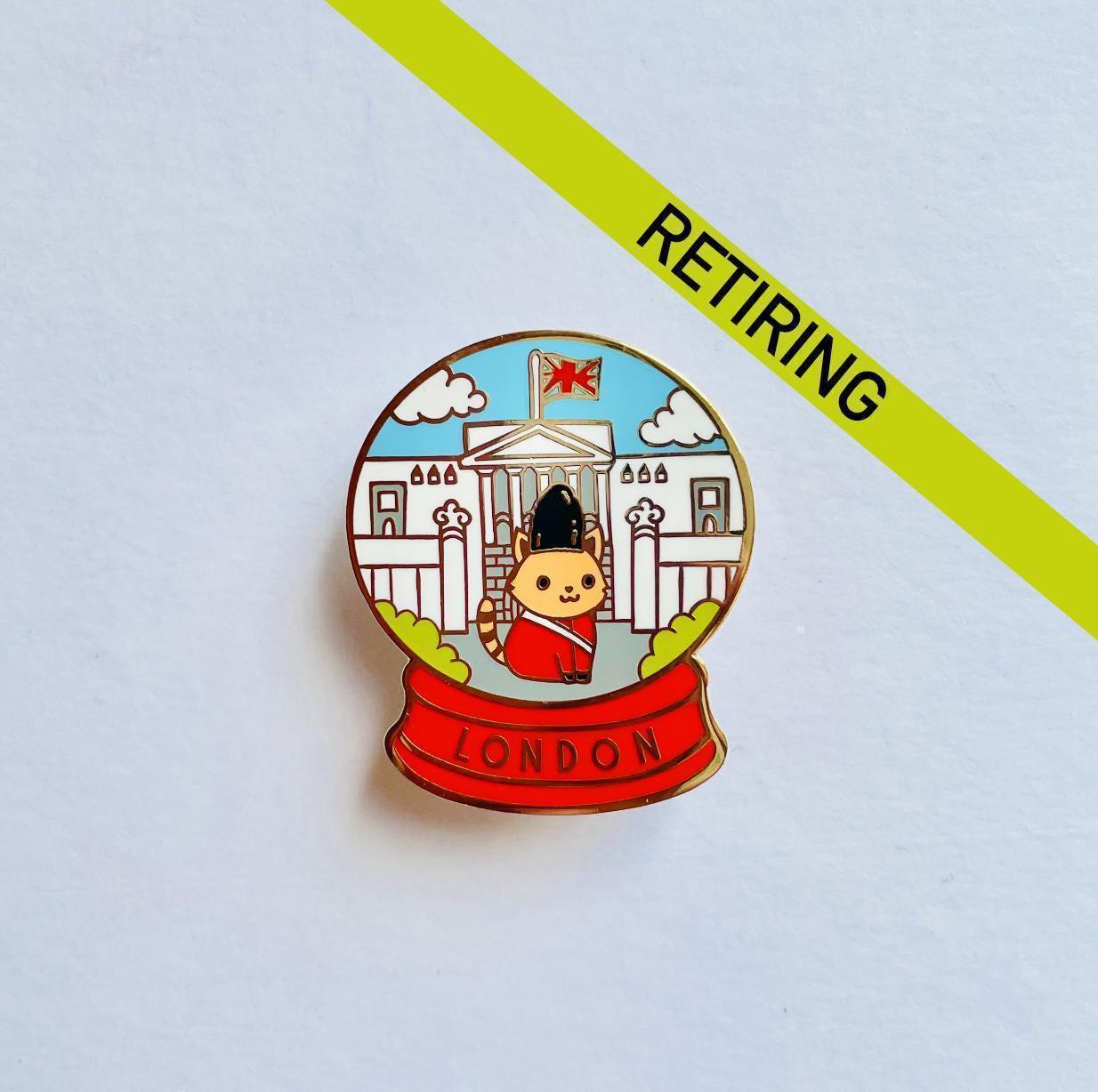London  Buckingham Palace Guard Snowglobe Enamel Pin badge, Cat brooch,  London skyline,