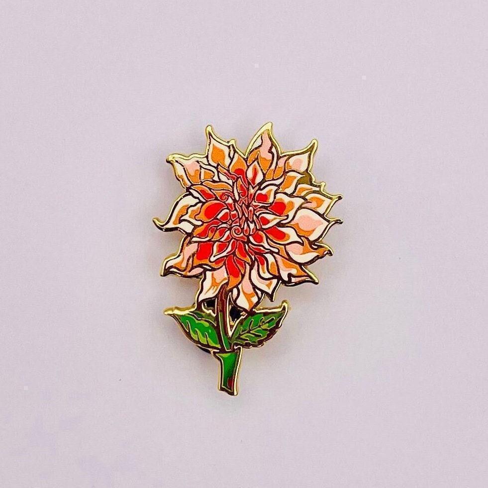 Dahlia labyrinth orange and cream gold hard enamel pin