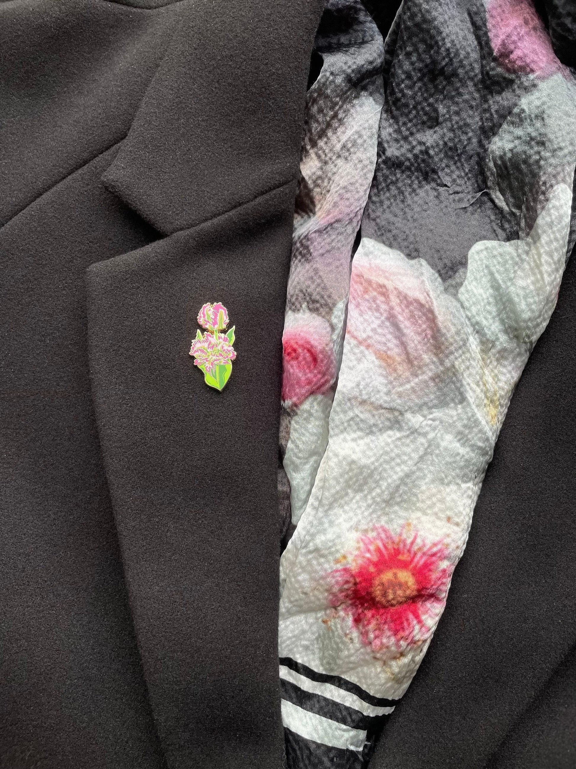 Floral Enamel Pin, Frilly Parrot Tulip, Pink Green (1.75in), Christmas gift, stocking stuffer, Advent calendar